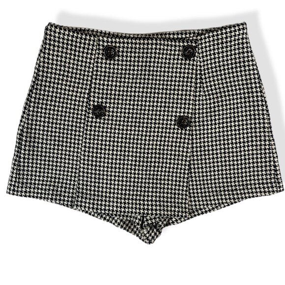 Houndstooth High-Waisted Buttoned Shorts Womens Sz M Black White Tweed Retro - Picture 1 of 6